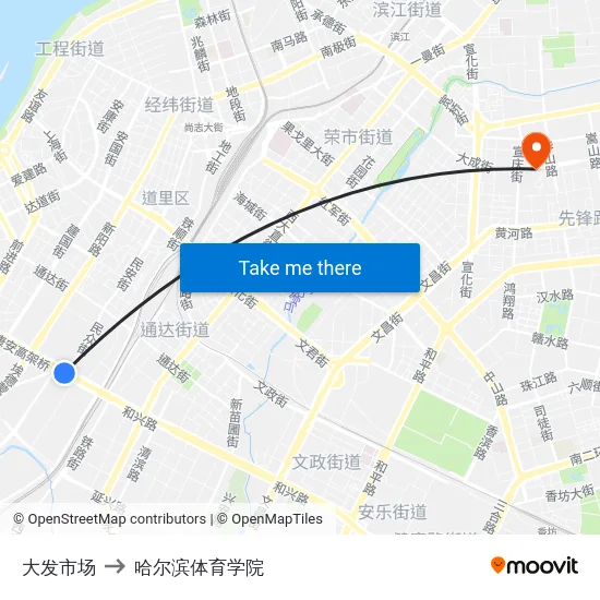 大发市场 to 哈尔滨体育学院 map