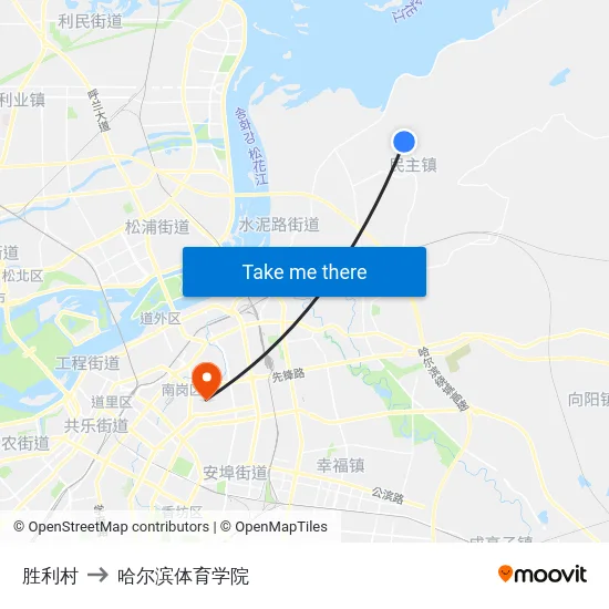 胜利村 to 哈尔滨体育学院 map