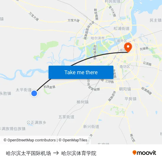 哈尔滨太平国际机场 to 哈尔滨体育学院 map