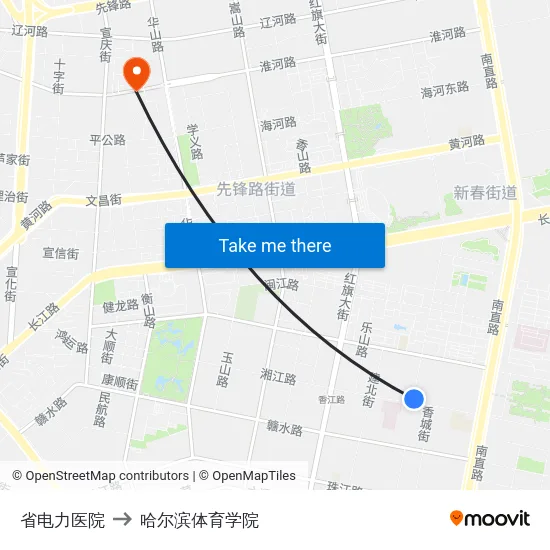 省电力医院 to 哈尔滨体育学院 map
