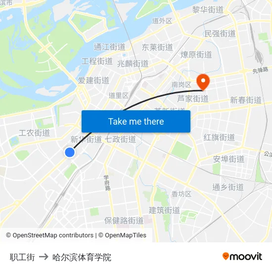 职工街 to 哈尔滨体育学院 map