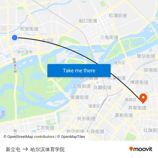 新立屯 to 哈尔滨体育学院 map