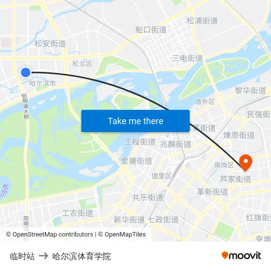 临时站 to 哈尔滨体育学院 map