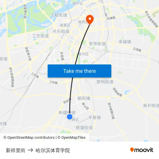 新祥里街 to 哈尔滨体育学院 map