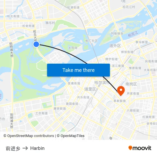 Qianjin Township to Harbin map
