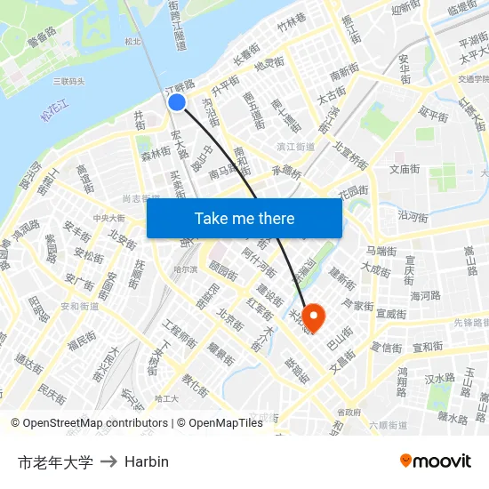 City Senior University to Harbin map