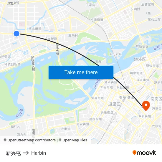 Xinxing Village to Harbin map