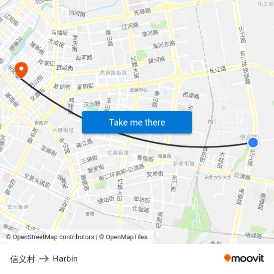 Xinyi Village to Harbin map
