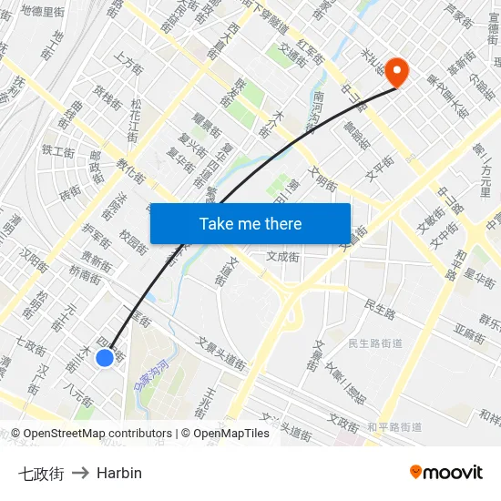 Qizheng Street to Harbin map