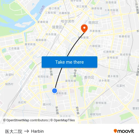 Medical University Second Hospital to Harbin map