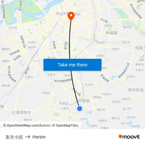 Dongfang Residential Area to Harbin map