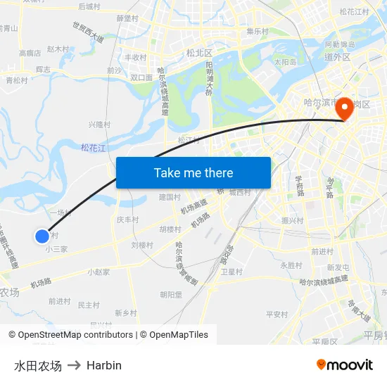 Shuitian Farm to Harbin map