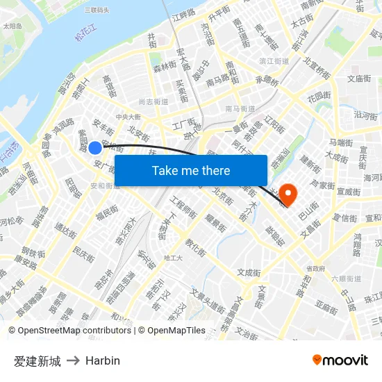 Aijian New City to Harbin map
