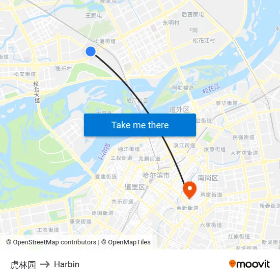 Hulin Park to Harbin map