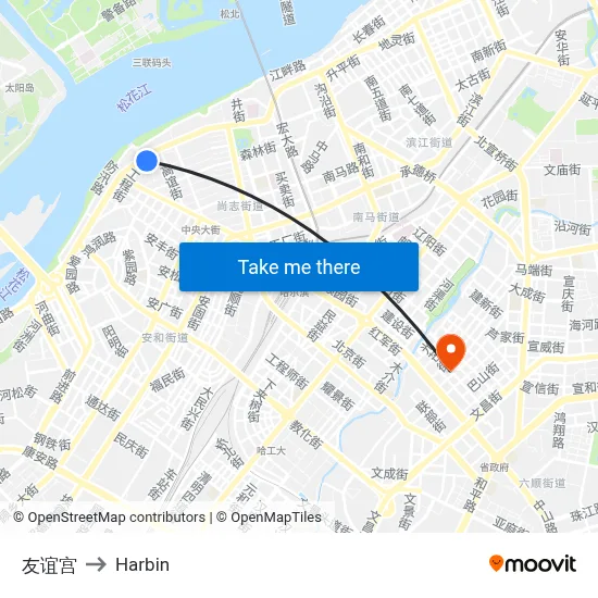 Palace of Friendship to Harbin map