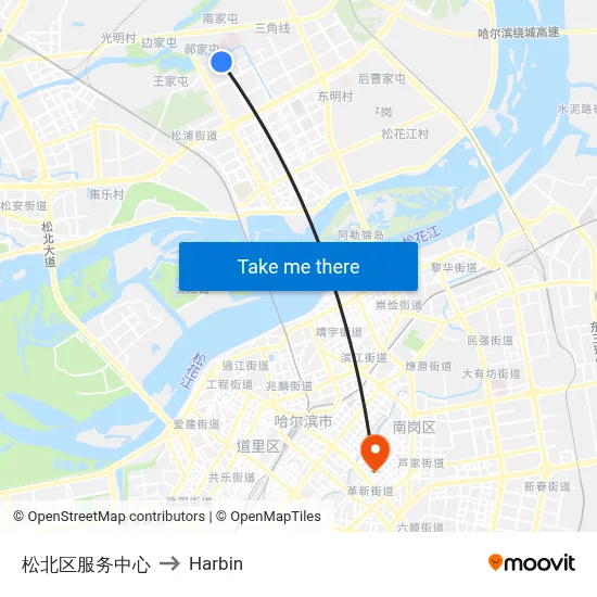 Songbei District Service Center to Harbin map