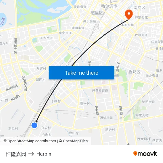 Henglong Garden to Harbin map