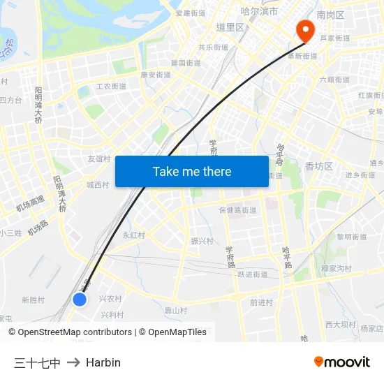 No. 37 Middle School to Harbin map