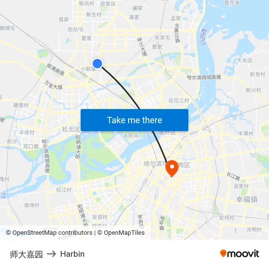 Shida Garden to Harbin map