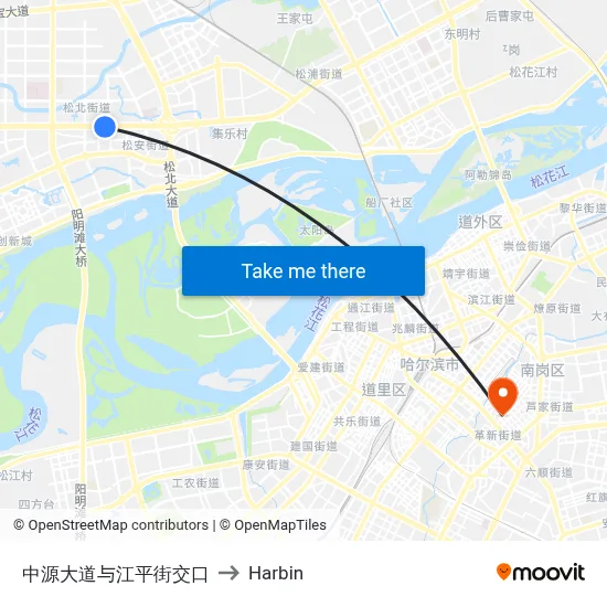Zhongyuan Avenue and Jiangping Street Intersection to Harbin map