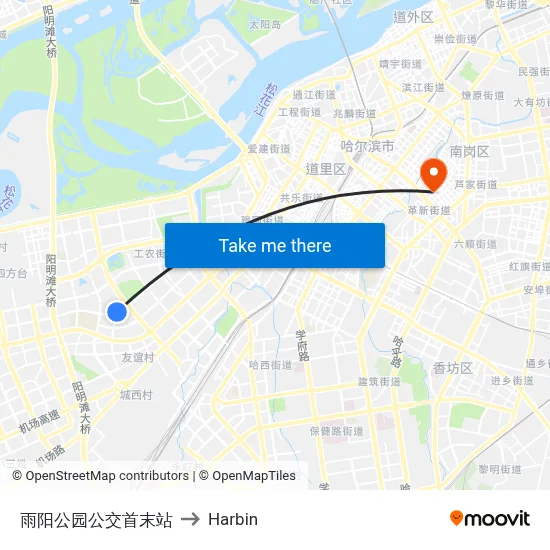 Yuyang Park Bus Terminal to Harbin map