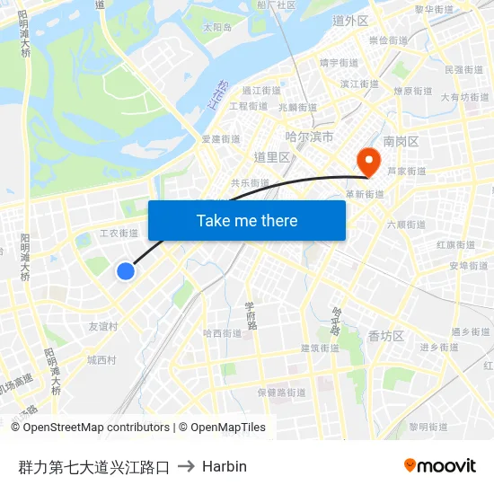 Qunli 7th Avenue Xingjiang Road Junction to Harbin map