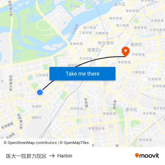 First Hospital Medical University Qunli Branch to Harbin map
