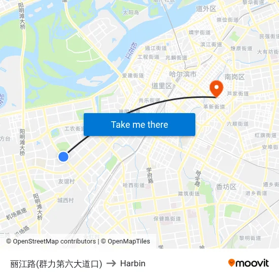 Lijiang Road (Qunli 6th Avenue) to Harbin map