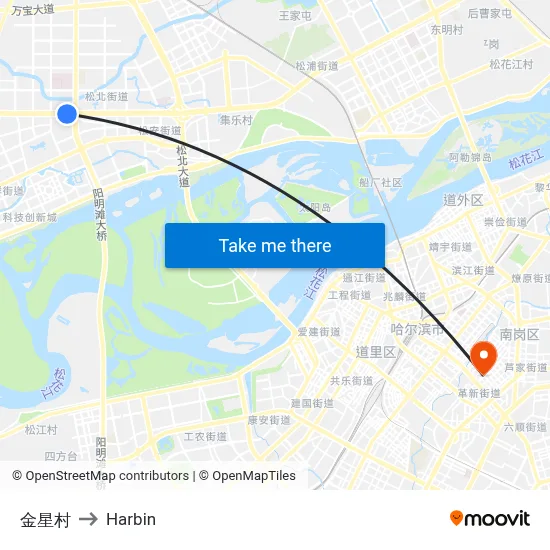 Jinxing Village to Harbin map