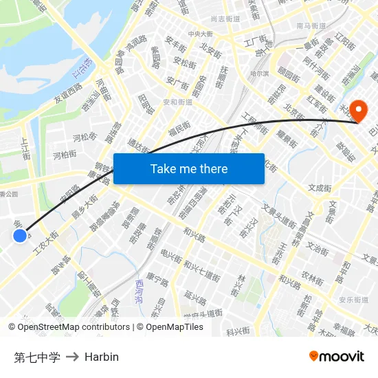 No. 7 Middle School to Harbin map