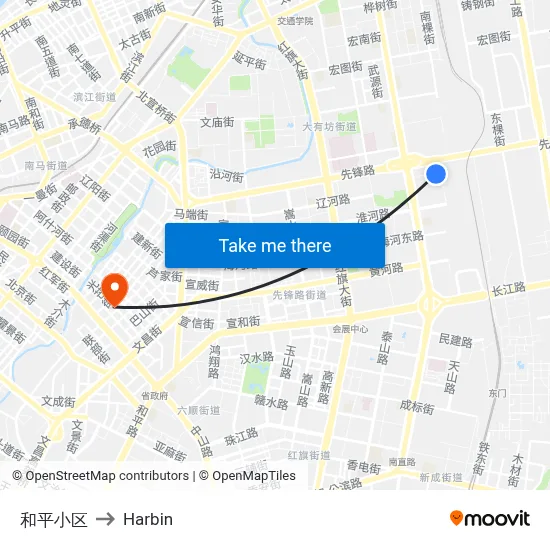 Peace Residential Area to Harbin map