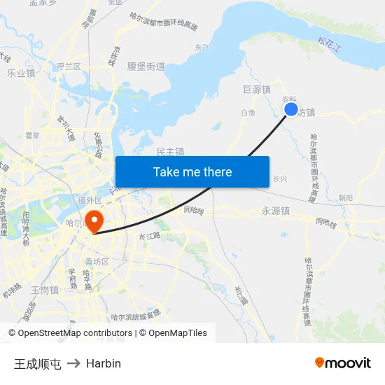 Wang Chengshun Village to Harbin map