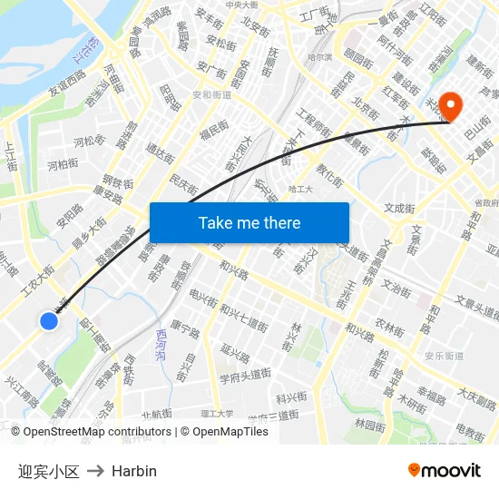 Yinbin Residential Area to Harbin map