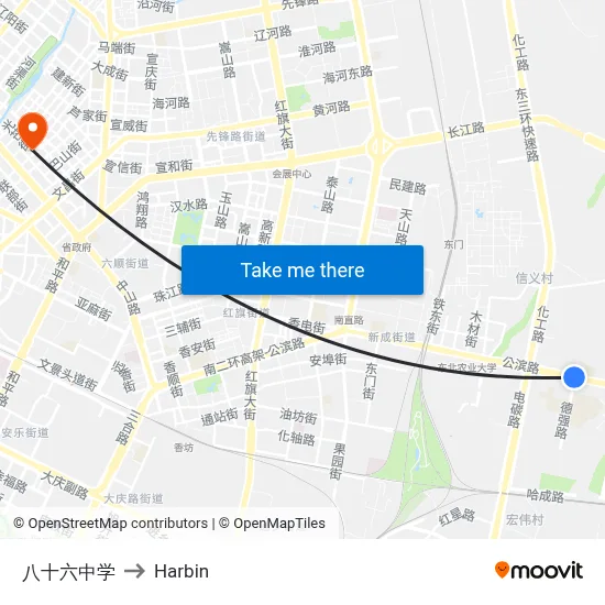 No. 86 Middle School to Harbin map