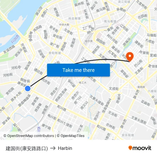 Jianguo Street (Kang'an Road Intersection) to Harbin map