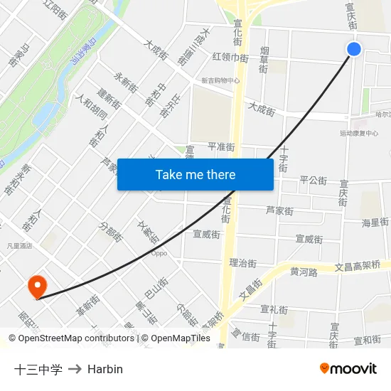 No. 13 Middle School to Harbin map