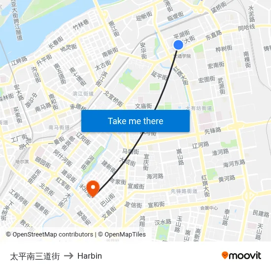 Taiping South 3rd Street to Harbin map
