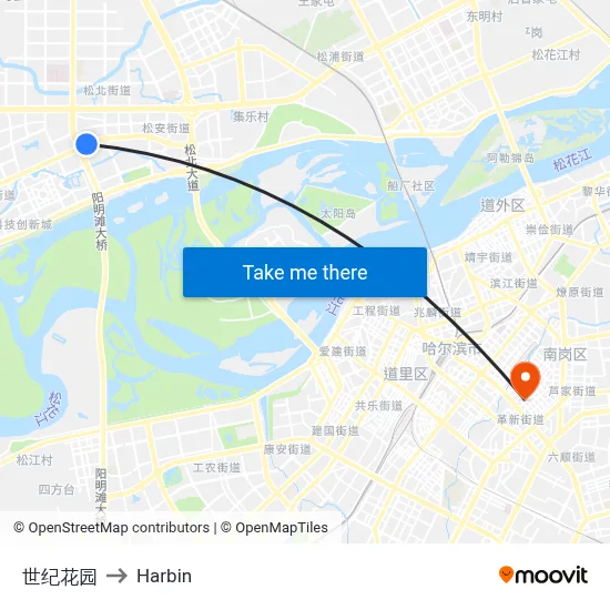 Century Garden to Harbin map