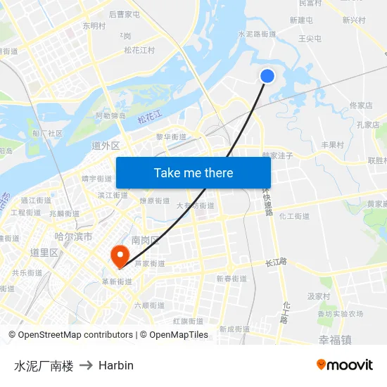 Cement Factory South Building to Harbin map