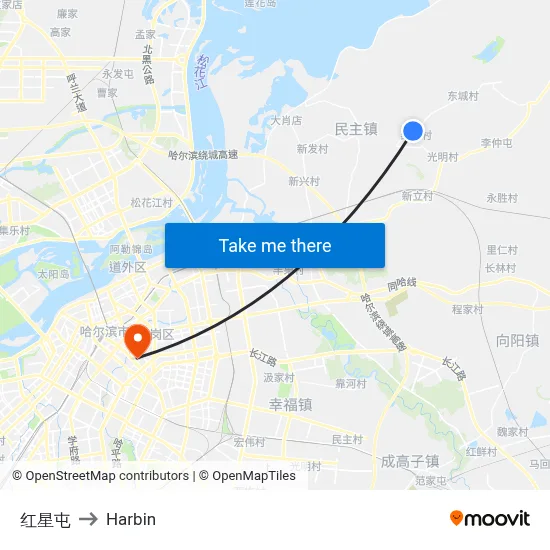 Hongxing Village to Harbin map