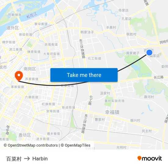 Baicai Village to Harbin map