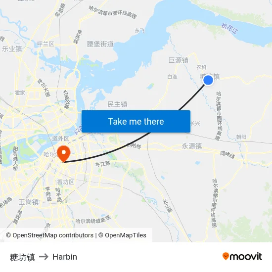 Tangfang Town to Harbin map