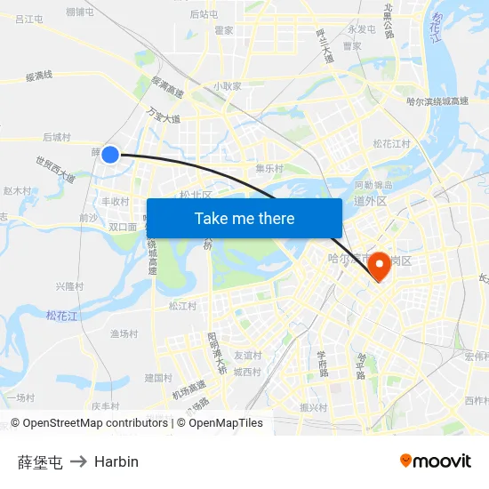 Xuebao Village to Harbin map