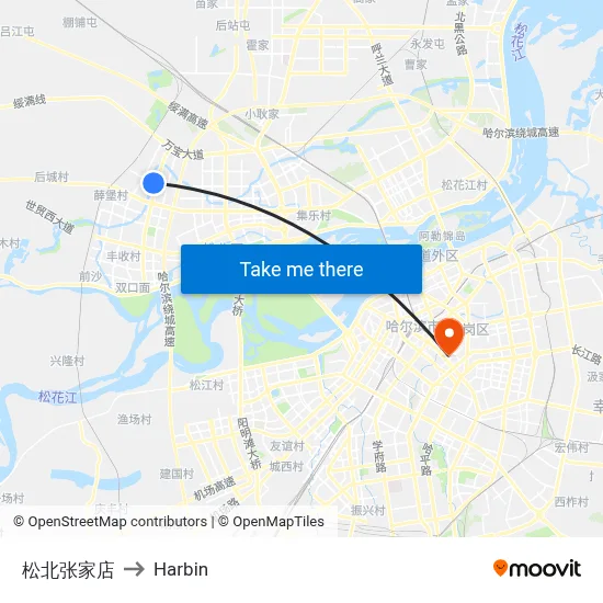 Songbei Zhang Jia Store to Harbin map
