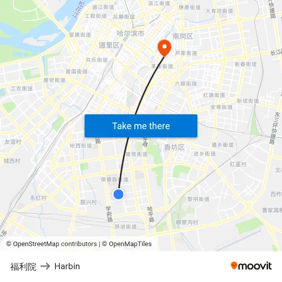 Welfare Institute to Harbin map