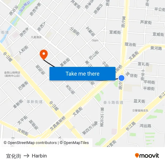 Xuanhua Street to Harbin map