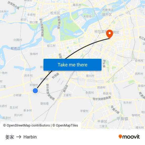 Jiang Family to Harbin map