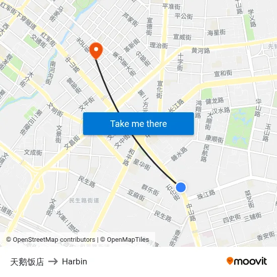 Swan Hotel to Harbin map