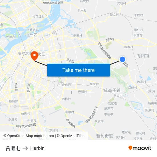 Lv Shun Village to Harbin map