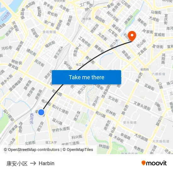 Kang'an Community to Harbin map